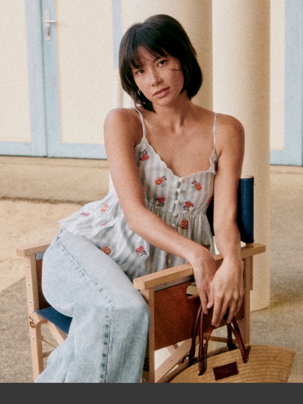 Sezane Blue Striped Floral Spaghetti Strap Tank